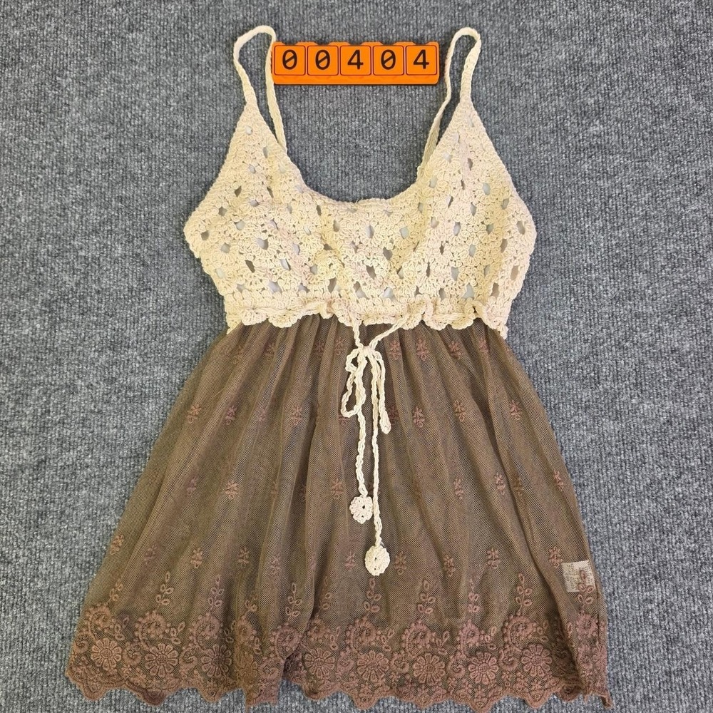 J Gee Brown & cream lace babydoll dress with floral embroidery and tie detail